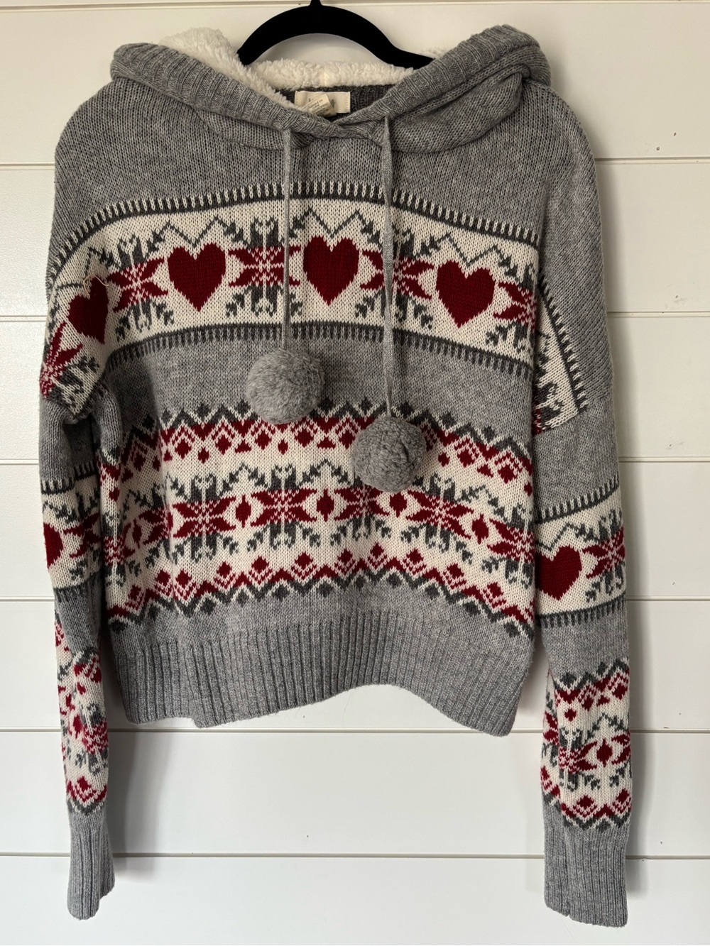 Kensie Grey, Red and White Fair Isle Hooded Sweater with Pom Pom Ties